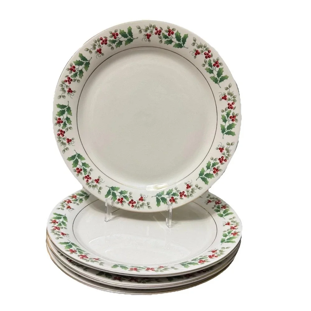 Gibson Holly Berries Dinner Plates Set of 4 Christmas Holiday China 9.5
